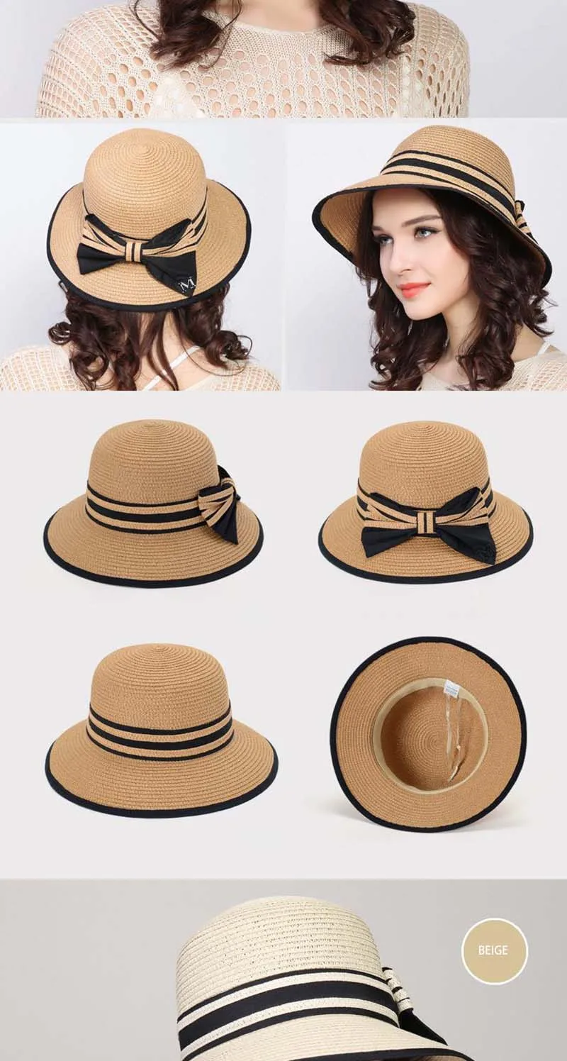 Sombreros de ala ancha para mujer, sombreros de paja para el sol, sombreros de playa para niña, sombreros de paja para viajes al aire libre, sombreros casuales con lazo_voghion.com