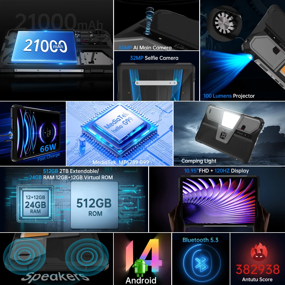 Unihertz 8849 TANK PAD E Rugged Tablet with Projector 21000mAh 120Hz IP68/IP69K 24GB 512GB 66W 10.95 inch Tablet Android 14 4G