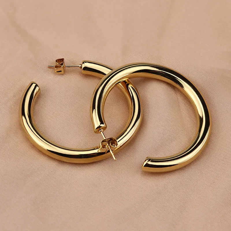 Gold Plated Hoop Earring Thick Round Circle Stainless Steel Earrings for Women Jewelry 2 Gold Plated Hoop Earring Thick Round Circle Stainless Steel Earrings for Women Jewelry - Image 2