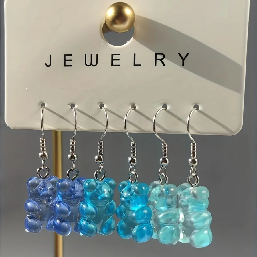 Candy Bear Charm Drop Earrings Colorful Resin Transparent Bear Ear Jewelry Gift For Kids Children Girls Accessories 3 Pairs dangle earrings drop earrings animal earrings