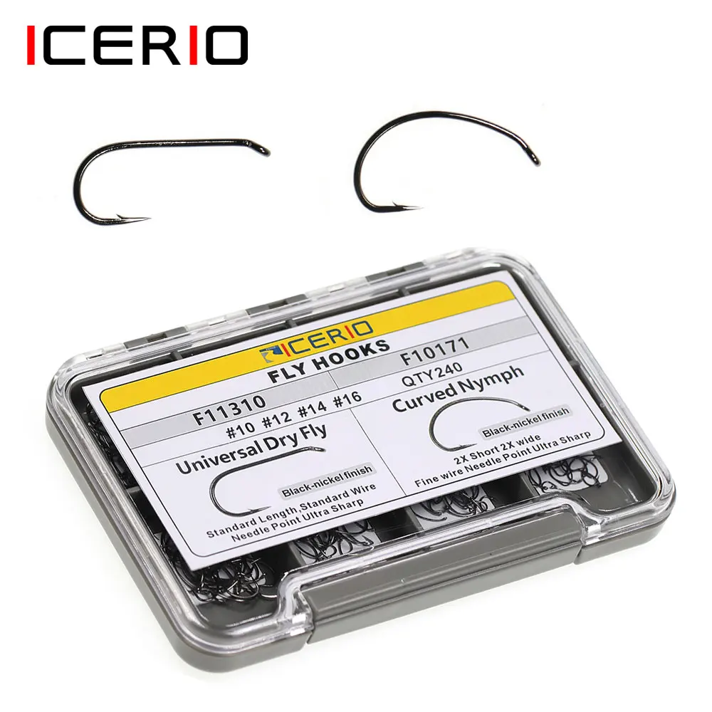 ICERIO 240pcs/Box #10~#16 Barbed Standard Dry Fly Tying Hook Curved Nymph  Caddis Fly Hook Waterproof Fishing Hook Storing Box