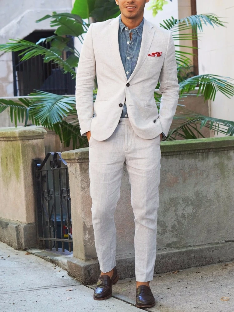 Light Grey Summer Linen Casual Elegant Men Suit Slim Fit Blazer Hombre High Quality Custom 2 Piece Set Jacket Pant Costume Homme