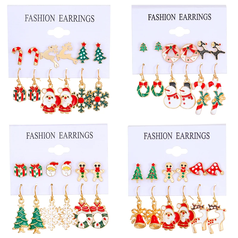 9 Pairs Christmas Earrings Set For Women - Xmas Tree, Santa, Reindeer Wooden Dangle Drop Earrings