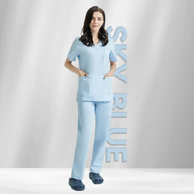 High Quality V-neck Scrub Tops Beauty Salon Nursing Elastic Waist Pants Unisex Breathable Surgery Uniform Medical Accessories Sky Blue