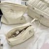 Quilted Embroidery Women's Cosmetic Bag Soft Cotton Fabric Ladies Make Up Case Storage Handbags College Girls Stationery Bags 4