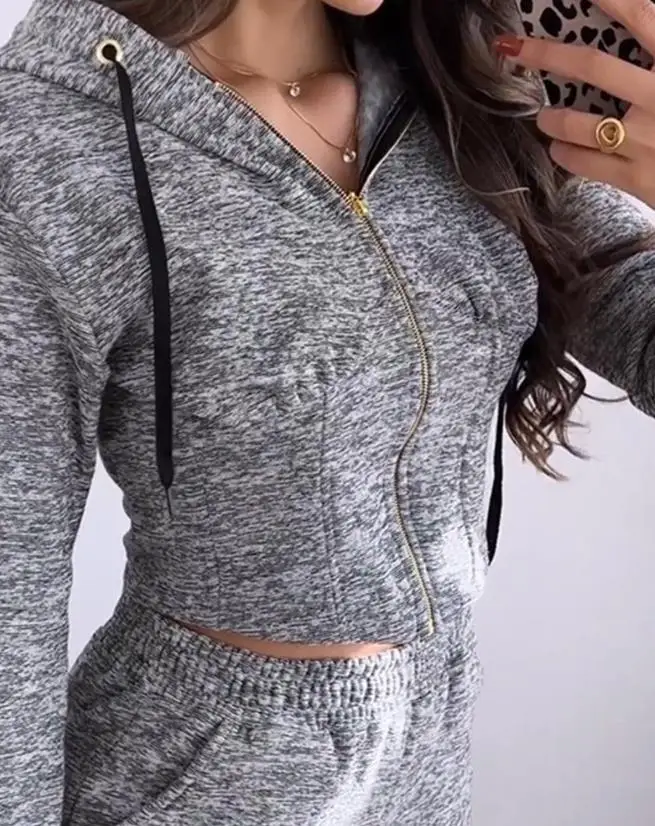 

Temperament Commuting Two Pieces Set for Women 2023 Autumn New Fashion Casual Solid Elegant Zipper Design Hooded Top&pants Set