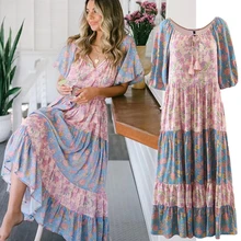 

Maxdutti Dress Women Indie Folk Bohemian Vintage Floral Printing Tassels Cascading Beach Dress Women Fashion Loose Long Vestidos