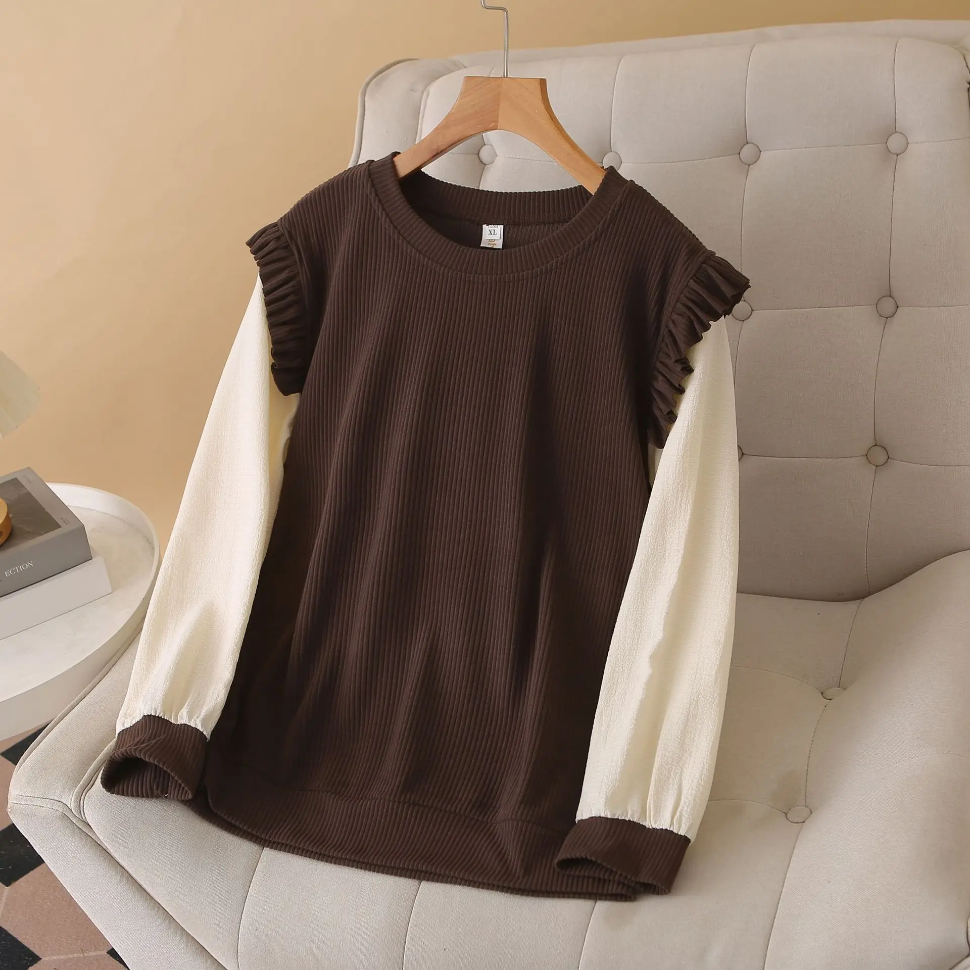 Plus Size Women's Sweatshirts Stylish Casual Design Block Color Splice Fake Two Pieces round-neck Hoodie 667