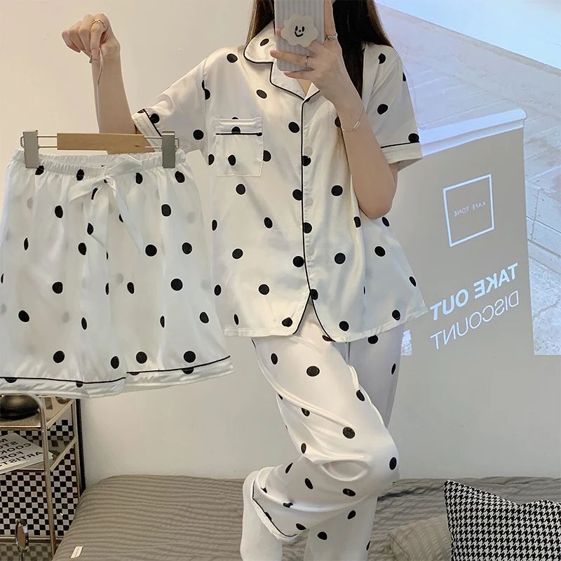 

Summer Fall Women Fashion Suit Pajamas Polka Dot White Sleep Wear Lapel Turndown Collar Set Pj