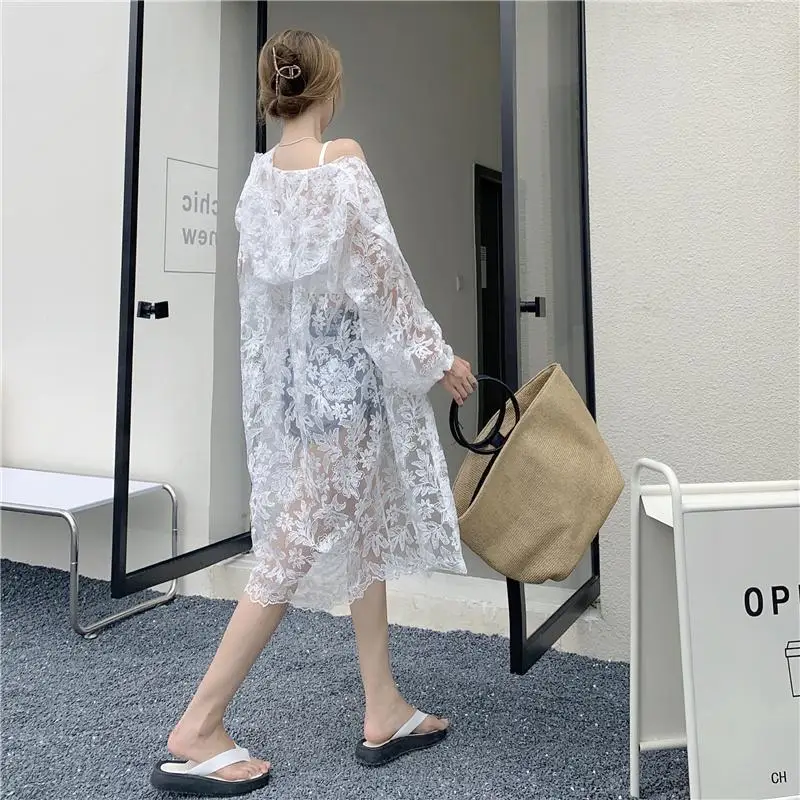 Women's Hooded Jacket Lace Sun Protection Jacket Spring Summer Plus Size Loose Retro Mid-length Hooded Jacket Thin Light Korean