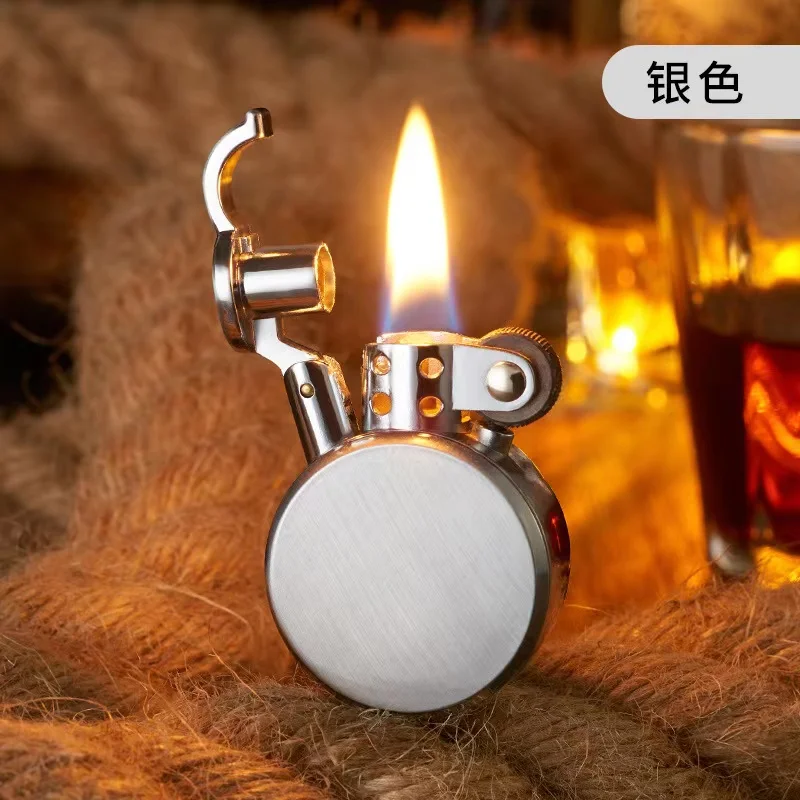 Kerosene Lighter Retro Round Kerosene Lighter Creative Metal Windproof Flame Lighter Gold and Silver Oil Smoking Accessories Tool