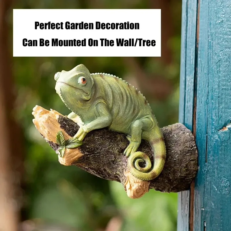 Resin Chameleon Statue Wall Mount Lizard DIY Outdoor Garden Tree Decoration Sculpture Home Office Garden Decor Ornament