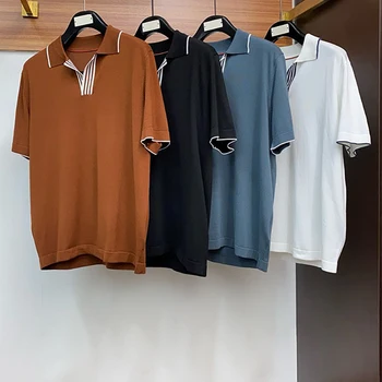 Italian men's summer new solid color business casual men's lapel knit short-sleeved POLO shirt 1