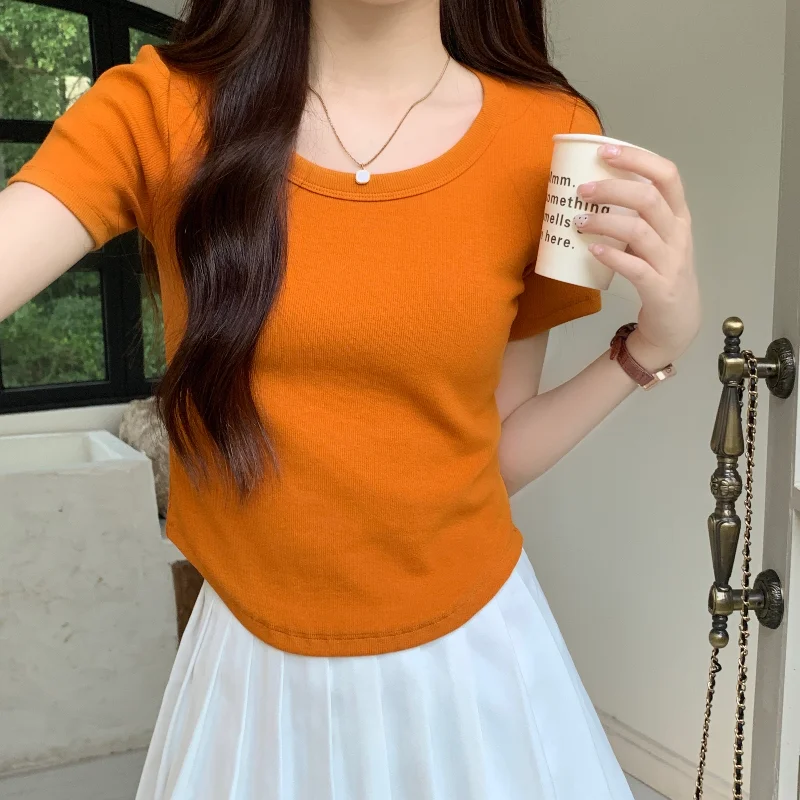 

Футболка женская повседневная с коротким рукавом, Модный облегающий короткий топ с винтовой нитью, Базовая Универсальная рубашка с круглым вырезом, лето 2023