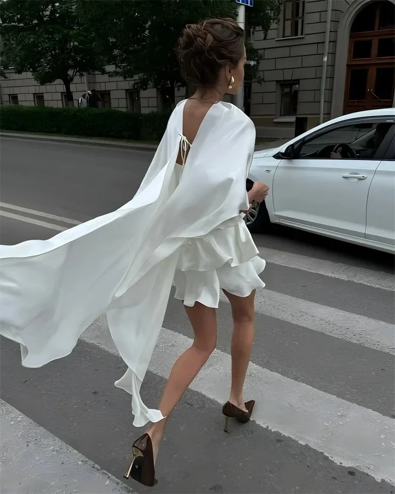 Elegant White Satin Ruffles Short Dress Chic Slip Backless Shawl Silk Bandage Mini Dresses Evening Birthday New Summer 2026