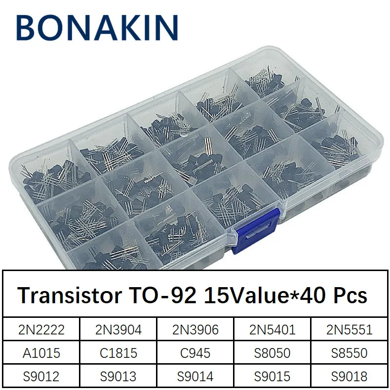 

600Pcs 15 Value x 40 Pcs Transistor TO-92 Assortment Box Kit Transistors 2N2222 2N3904 2N3906 C945 S8050 S8550 S9014 S9013 9018