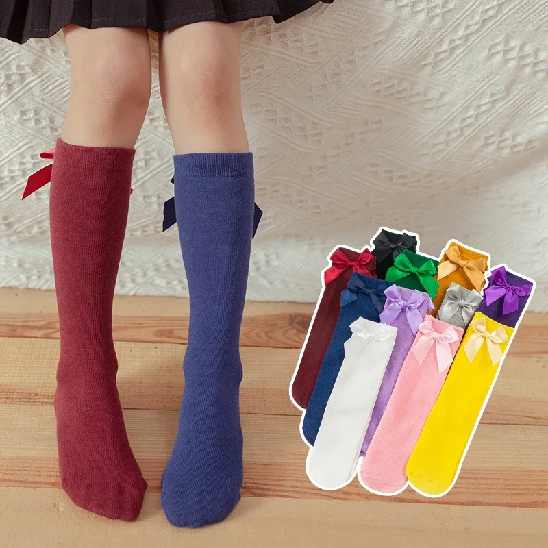 3-12 Years Summer Candy Color Bow Solid Color Tube Socks Children's Cotton Mosquito-proof Student Dancing Cute Socks