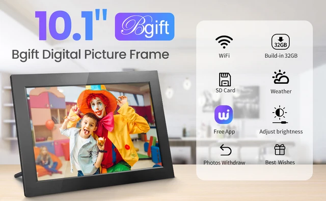 Cadre Photo Numérique 10,1 Pouces Avec Lumière LED - Écran IPS 1280x800, Mémoire 32 Go - Partage Via App, Montage Mural