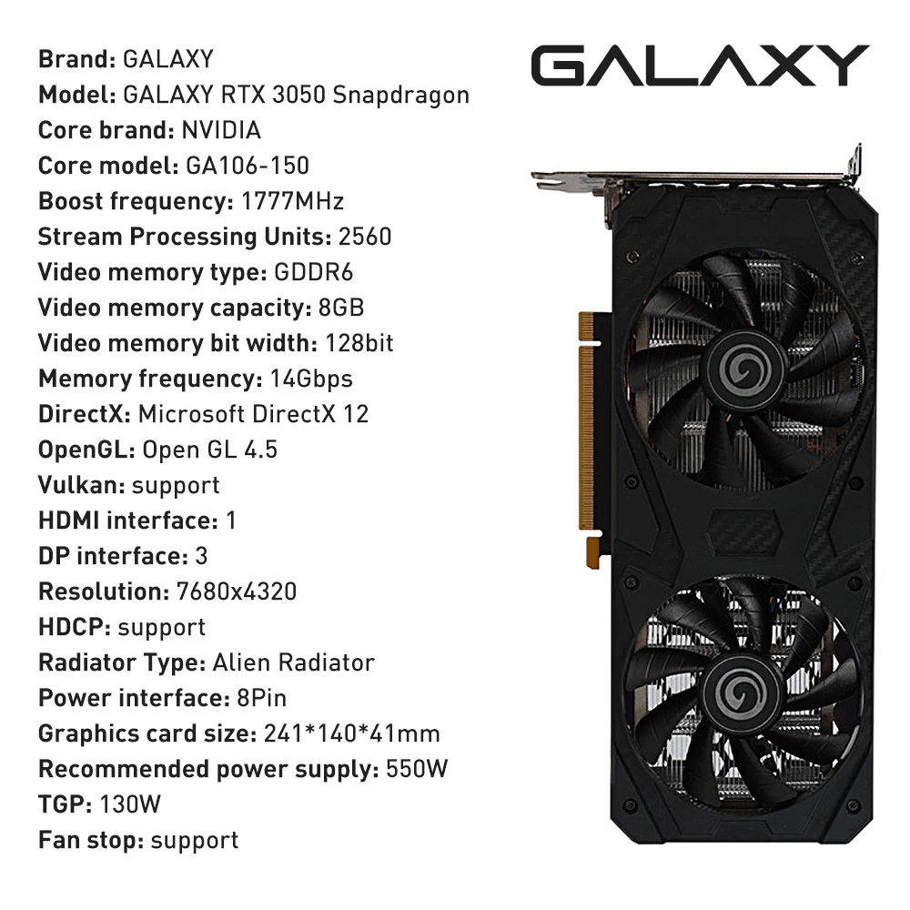 GALAXY New Graphic Card GDDR6 ATX 3050 8GB Gaming NVIDIA 8Pin 128 Bit 8nm RGB rtx 3050 Video Card placa de vídeo Accessories display card for pc