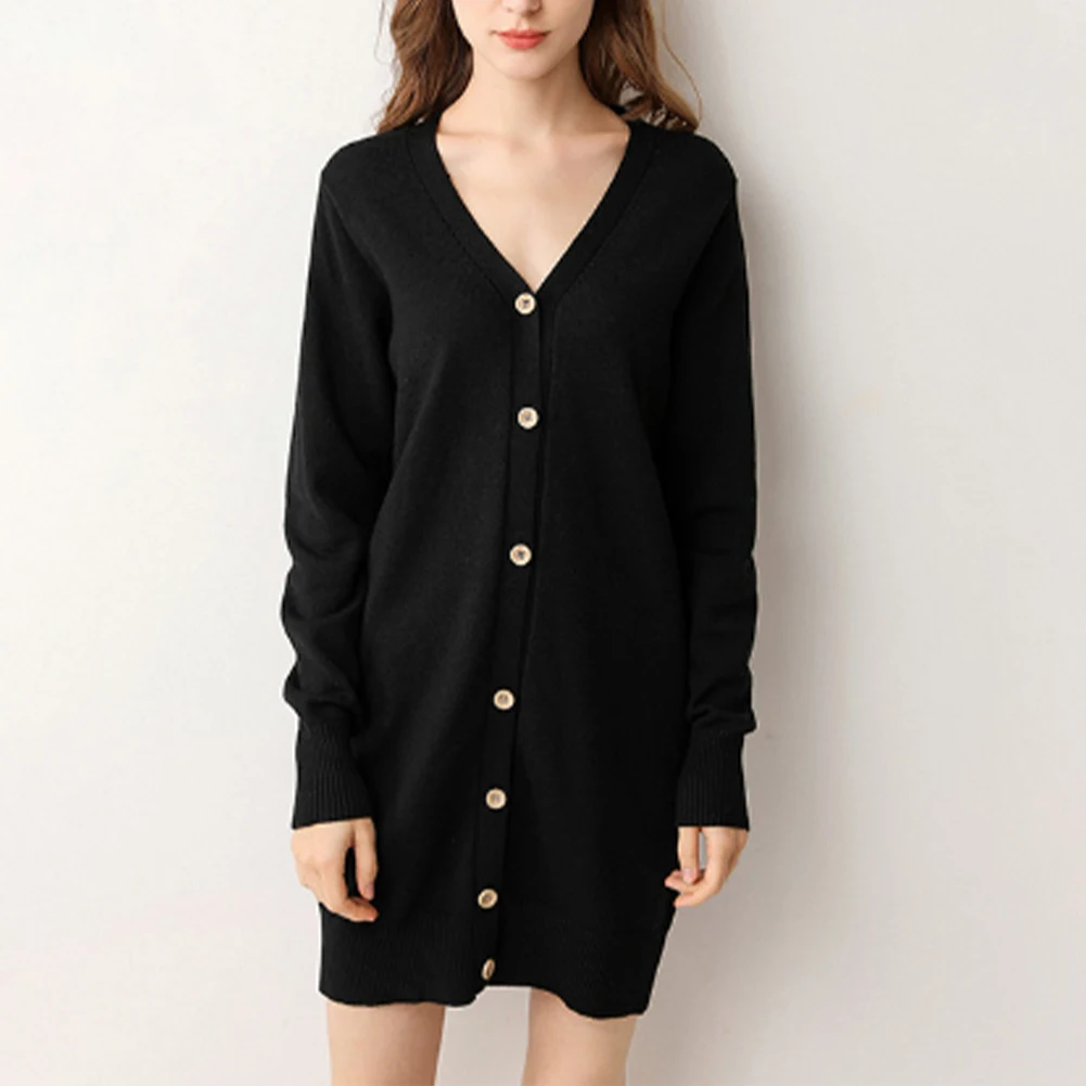 

V-Neck Knit Sweater Sweater Solid Color Core yarn Classic Button Down Coat Female Long Sleeve Slight Strech