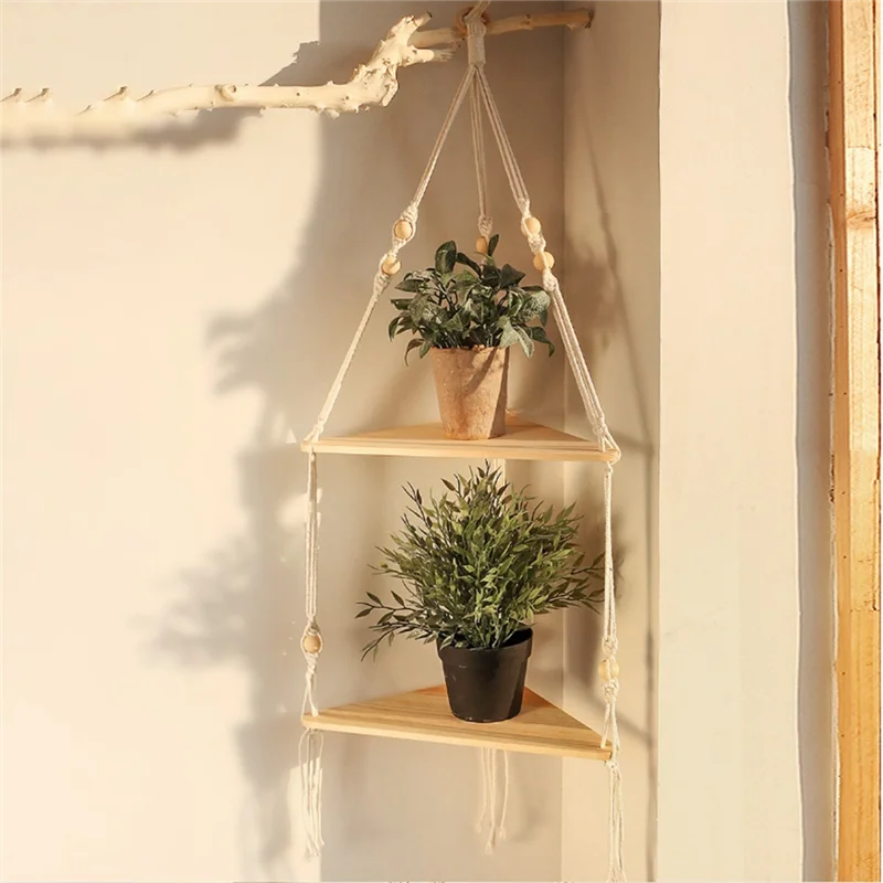 1 Piece Shelves With Wood Shelf Beige Handmade Shelf For Hanging Plant And Decor