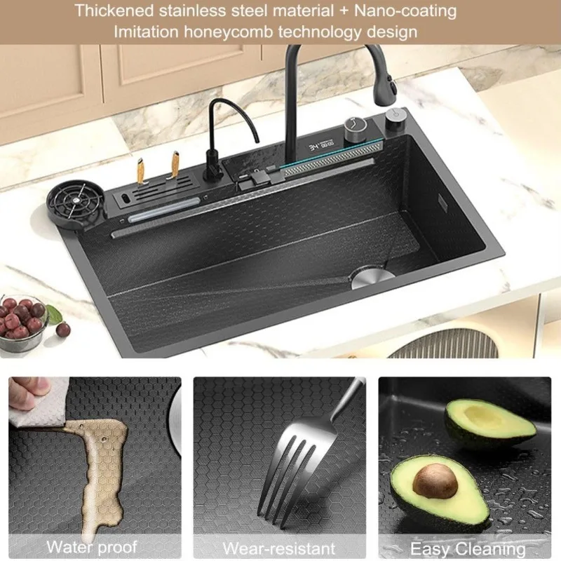 Black Kitchen Sink Twin Waterfall Kitchen Sink 31.5" Stainless Steel Single Bowl Sink with Faucet, Modern Honeycomb Nano 3