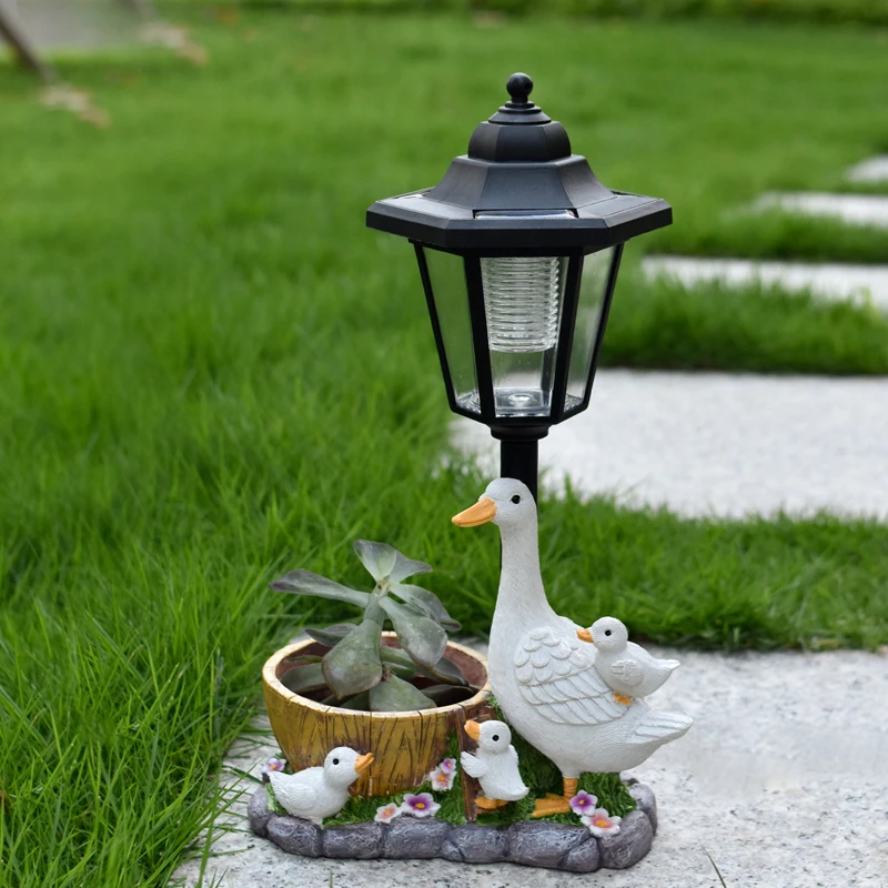 Solar Powered Outdoor Courtyard Lights, Garden Landscape Lawn Lamp, Creative Resin White Duck Statues Flowerpot Decorations, 1Pc