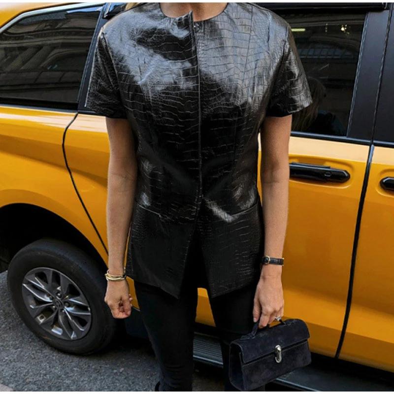 Vintage PU Leather O-neck Shirts Women Casual Loose Solid Short Sleeve Single Breasted Shirt Female Spring Chic High Street Tops