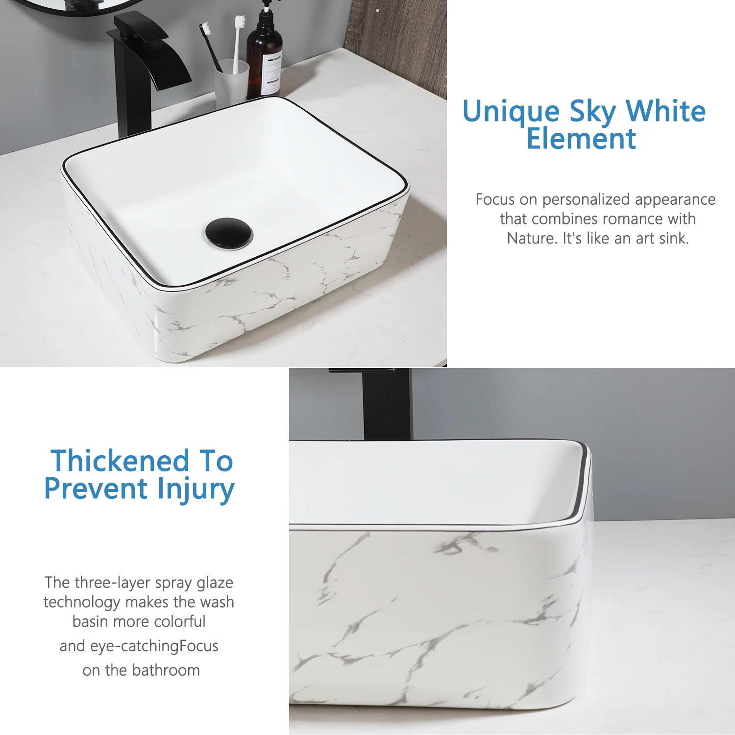 ZAPPO White Marbling Bathroom Sinks 16 inch Ceramic Vessel Sink Above Counter Bathroom Vessel Sink with Faucet and Drain Combo 5
