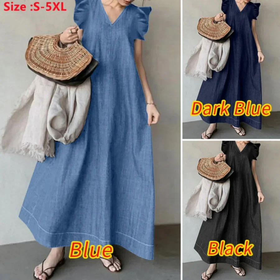 

2024Women's Summer Denim Dress Solid Vintage Korea Simple Sleeveless Long Robe Dress Female Casual Simple A-Line Dress Vestidos