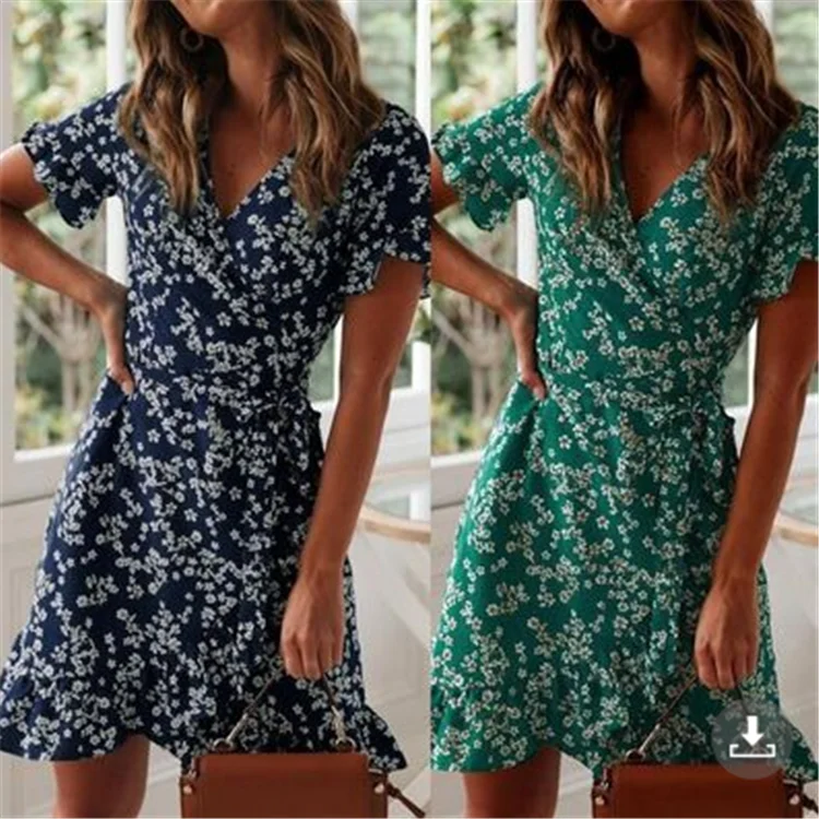 

Women Dresses Summer 2023 Sexy V Neck Floral Print Boho Beach Dress Ruffle Short Sleeve A Line Mini Dress Wrap Sundress Robe