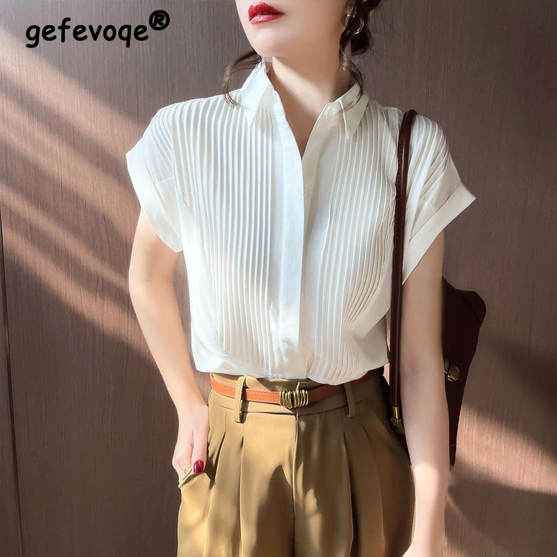 Women Pleated Design White Elegant Button Shirts Summer Fashion Office Lady Business Casual Blouse Simple Chic Loose Tops Blusas