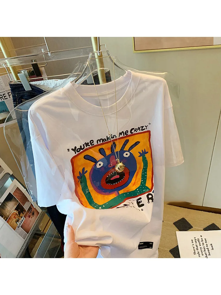 

New Fashion Round Neck Hand-Painted Print Short Sleeve T-shirt 2023 Summer Women Casual Street Style Loose Tees Female Top