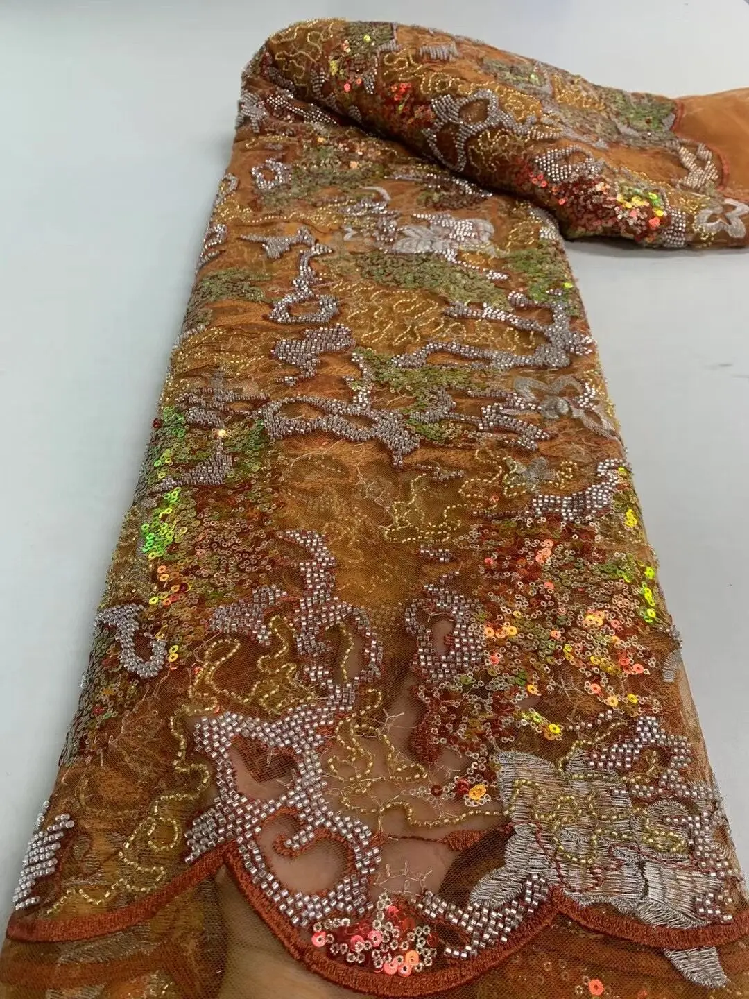 

African Lace Fabric S-1223987 High Quality French Mesh Lace Fabric With Sequins and bead Nigerian Lace Fabrics For Wedding Dress