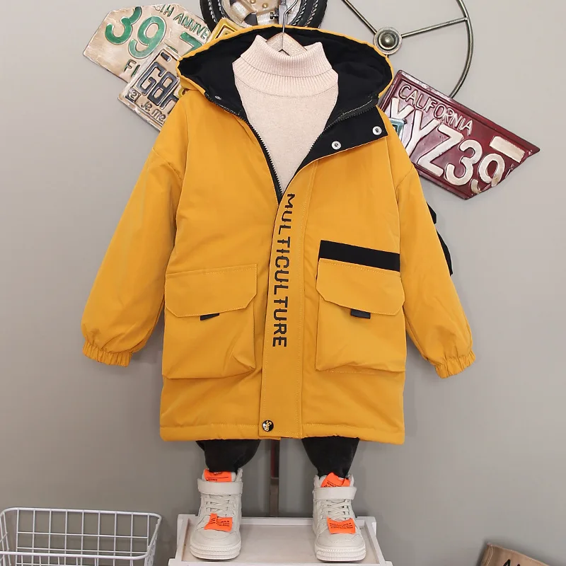 Winter Boys Warmth Contrast Fleece Padded Jackets Hooded Student Therme Long Coats Kids Parka Children Outfits For 3-13 Years