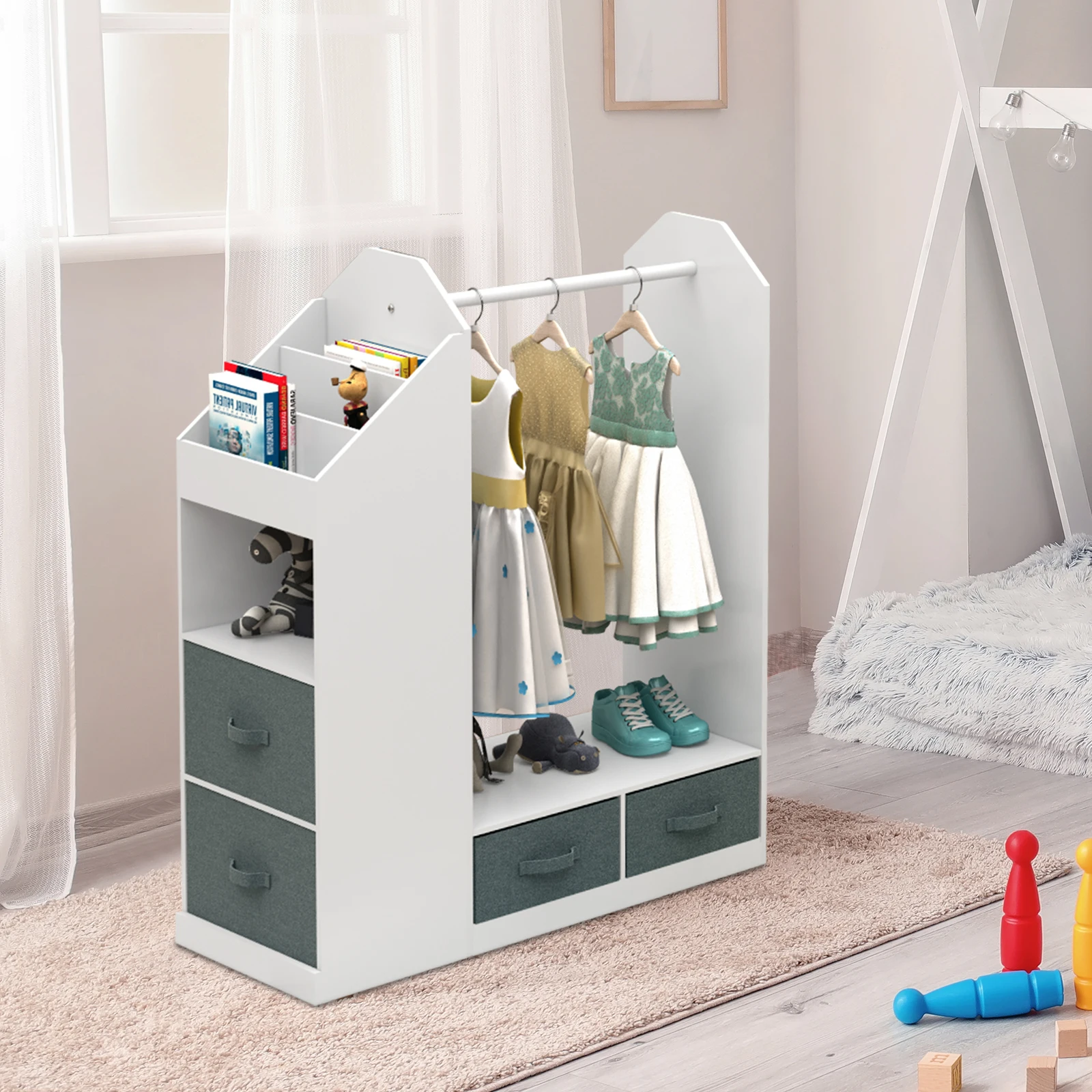 Kids Costume Organizer、 Costume Rack、Kids Armoire、Open Hanging Armoire Closet with Mirror-WHITE 4