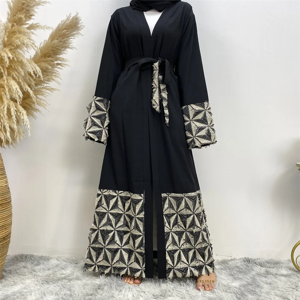 

Middle Eastern Muslim New Fashion Splice Lace up Dubai Arab Cardigan Robe kimono femme musulmane open abaya
