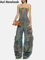 Aoi Vintage Street Denim Jumpsuit Women Spring Summer New Punk Rock Style Colorful Strapless Slim Fit Old Washed Wide Leg Pants
