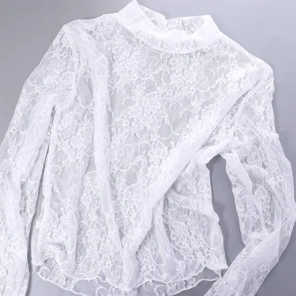 Sweet Floral Lace Bottomed Blouse Embroidery Hollow Long Sleeve Mesh Top French Style Spicy Girl Outfit Party