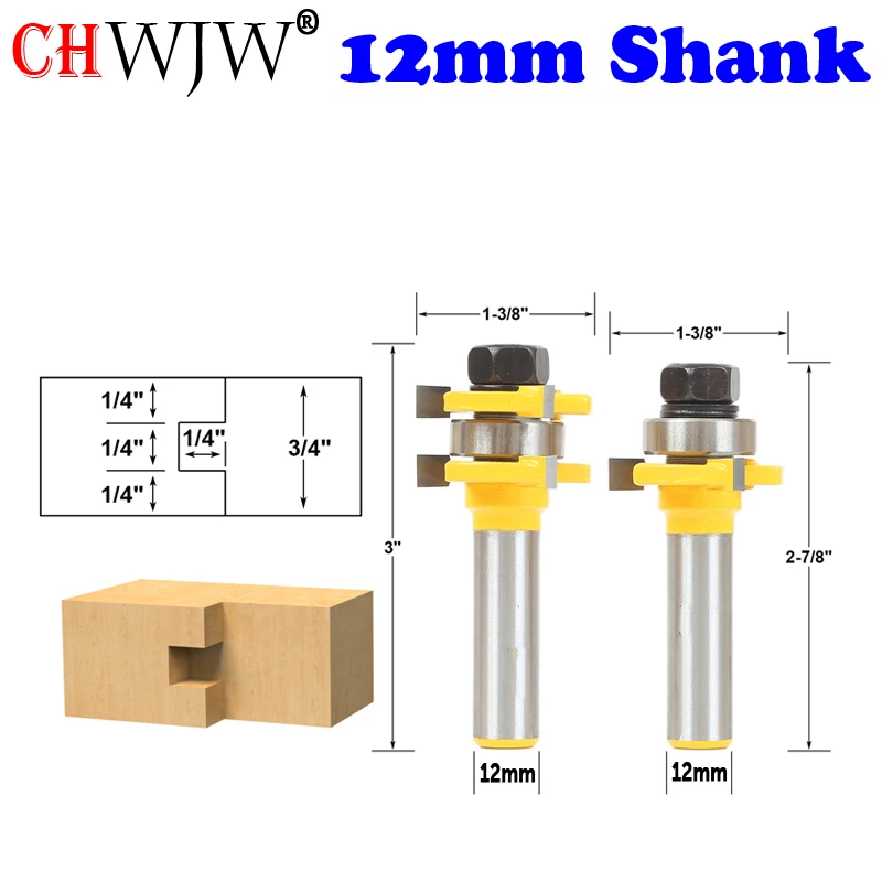 

CHWJW 2PC 12mm Shank Tongue and Groove Router Bit Set 1/4" x 1/4"