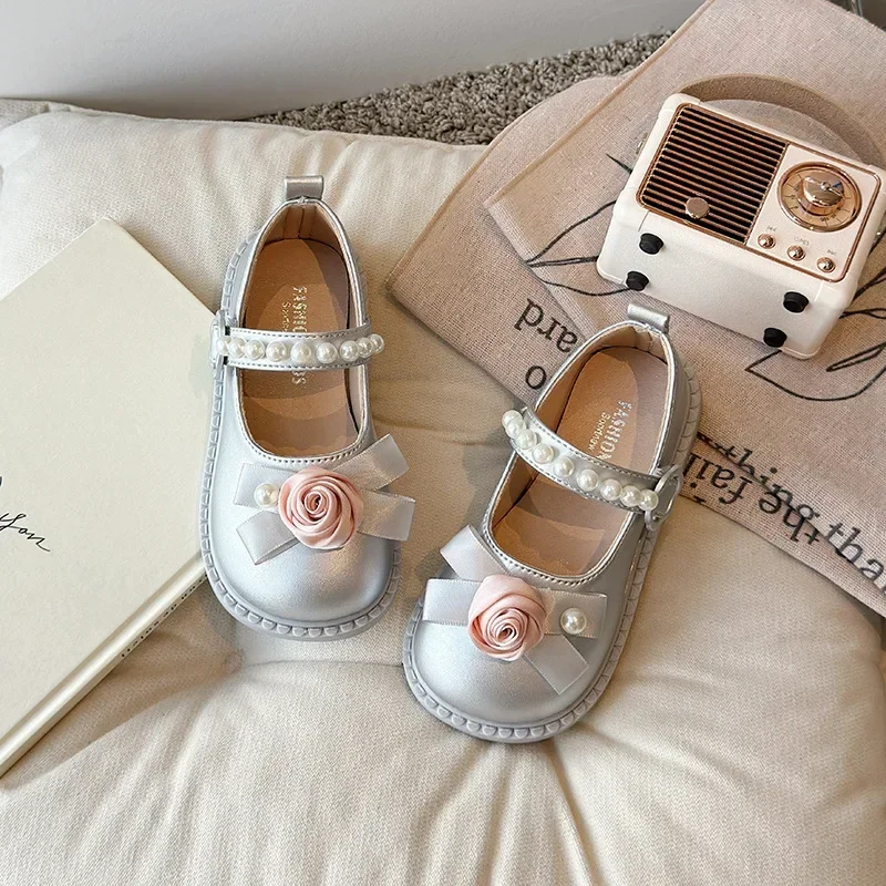 Leather Kids Princess Flat Shoes for Wedding Party