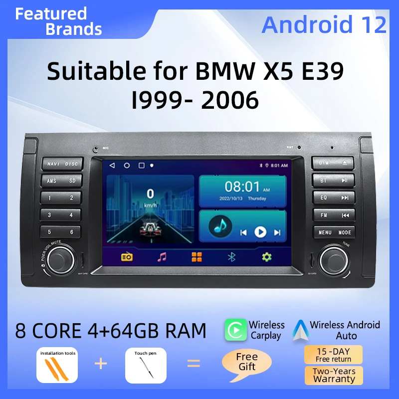 

Автомобильный радиоплеер 8 ядер Android 12 для BMW X5 11 E39 M5 1996-2003 стерео аудио навигация GPS 4G беспроводной Carplay мультимедиа