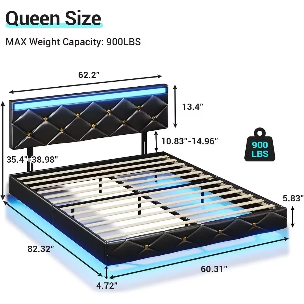 Queen Floating Bed Frame with Headboard,Upholstered Platform Bed Frame with Led Lights Faux Leather Low Profile Bed,Black 3