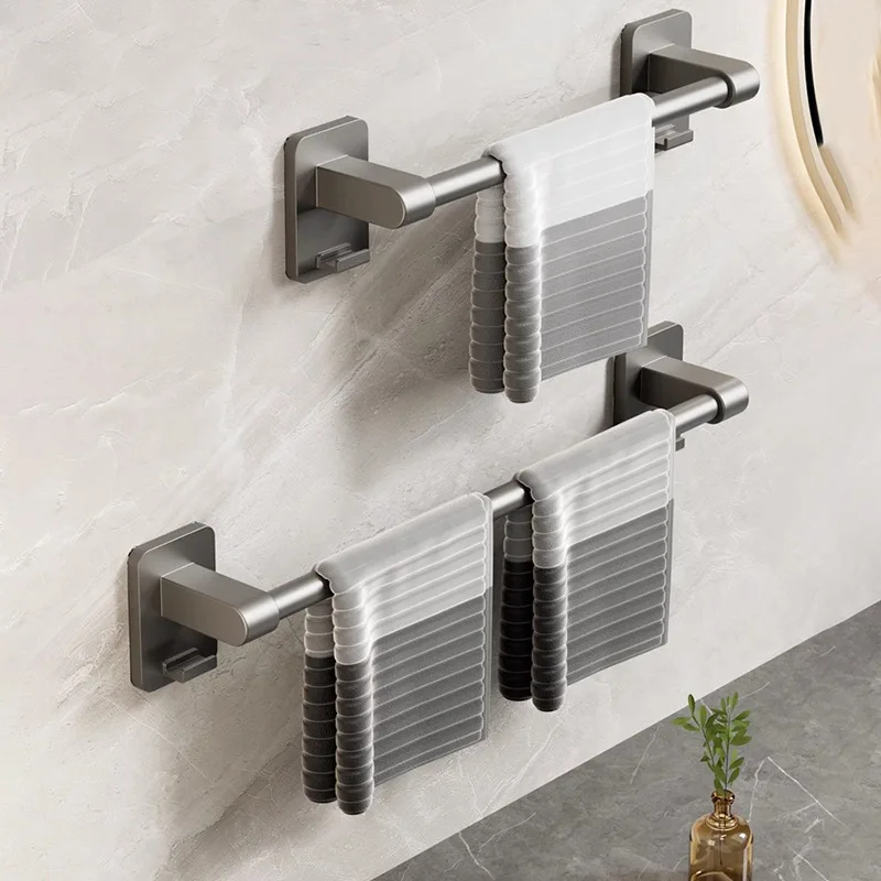 Towel Holder Wall Mounted No Drilling Towel Bar Space Aluminum Bathroom Organizers Bathroom Shelves Shower Storage Rack