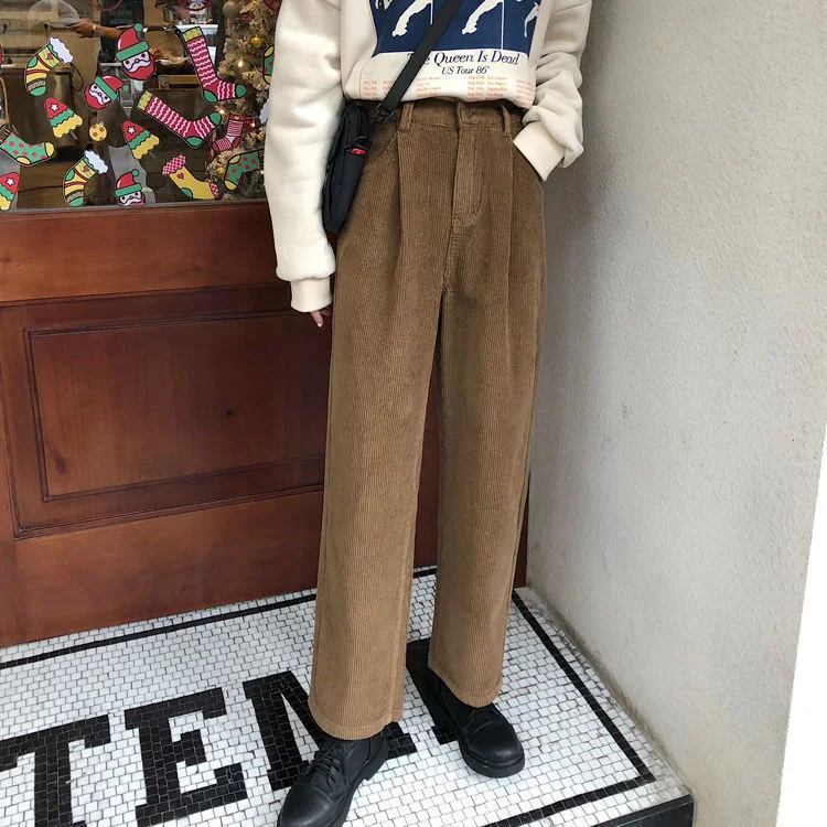 capri pants for women Solid Flat Harajuku Trousers Thicker Fall Newest Pants Women Elastic Waist BF Pockets Chic Corduroy Teenagers Straight All-match khaki pants