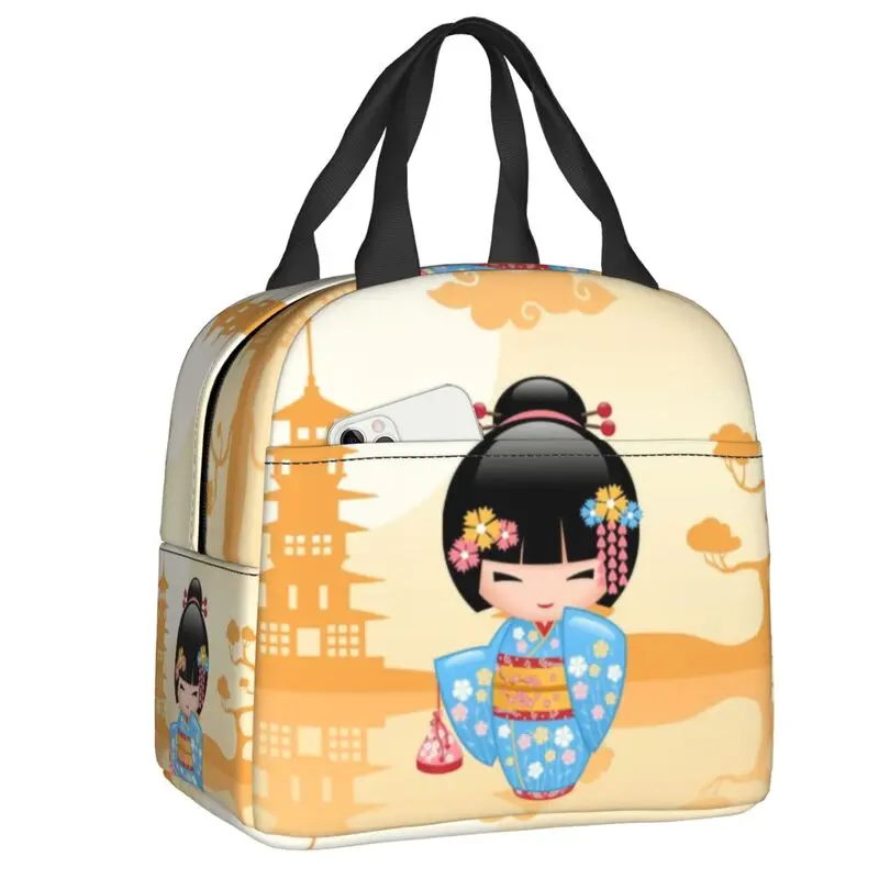 

Japanese Maiko Kokeshi Doll Thermal Insulated Lunch Bag Women Cute Geisha Lunch Tote for Work School Travel Food Bento Box