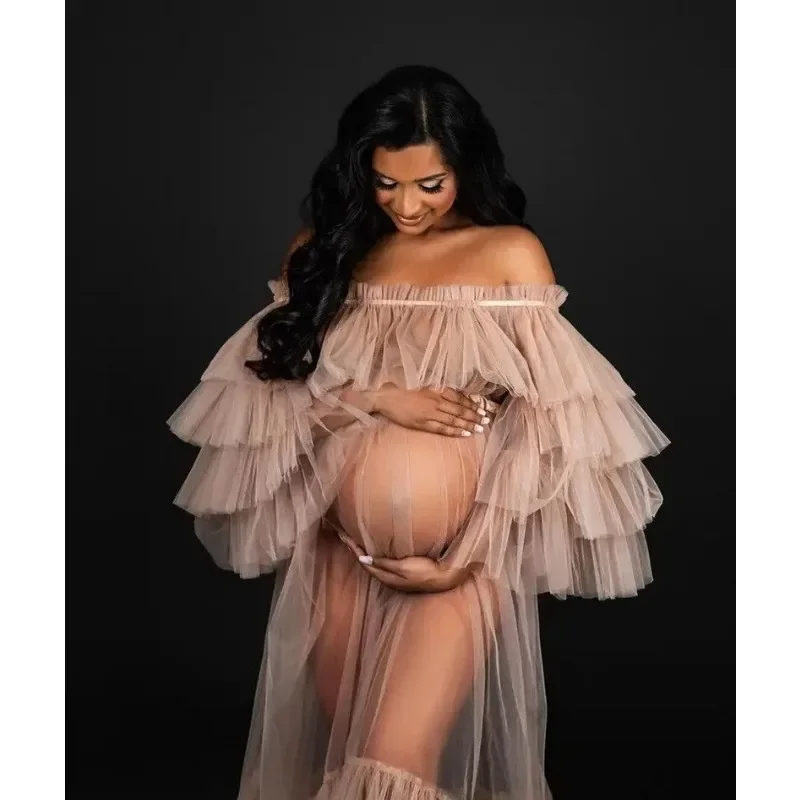 Dusty Pink See Thruough Maternity Dresses  Tiered Tulle Off Shoulder Sheer Maternity Photography Dress Baby Shower