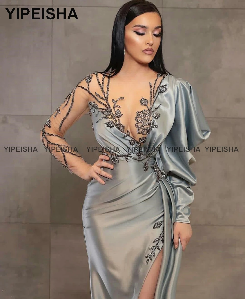 Yipeisha Luxury Crystals Mermaid Evening Dress with Slit Silver Pageant Prom Gown Long Sleeves Party Dress Formal Robe de Bal sexy evening dresses