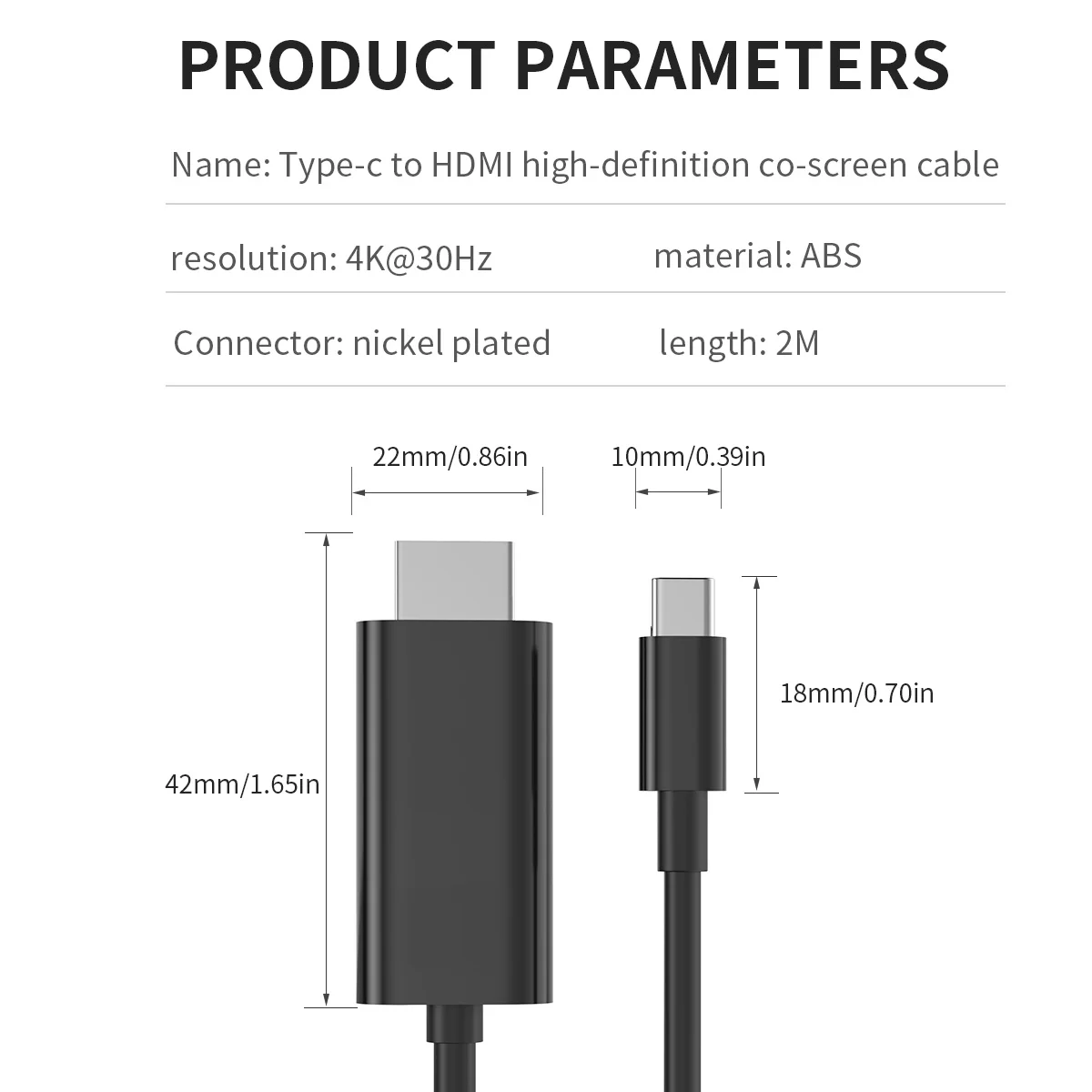 C타입 HDMI 고화질 코 스크린 케이블, 블랙 ABS 6.6ft 4K, 모니터 MAC 아이패드 프로 맥북 에어 크롬북 TV용, 4K30Hz