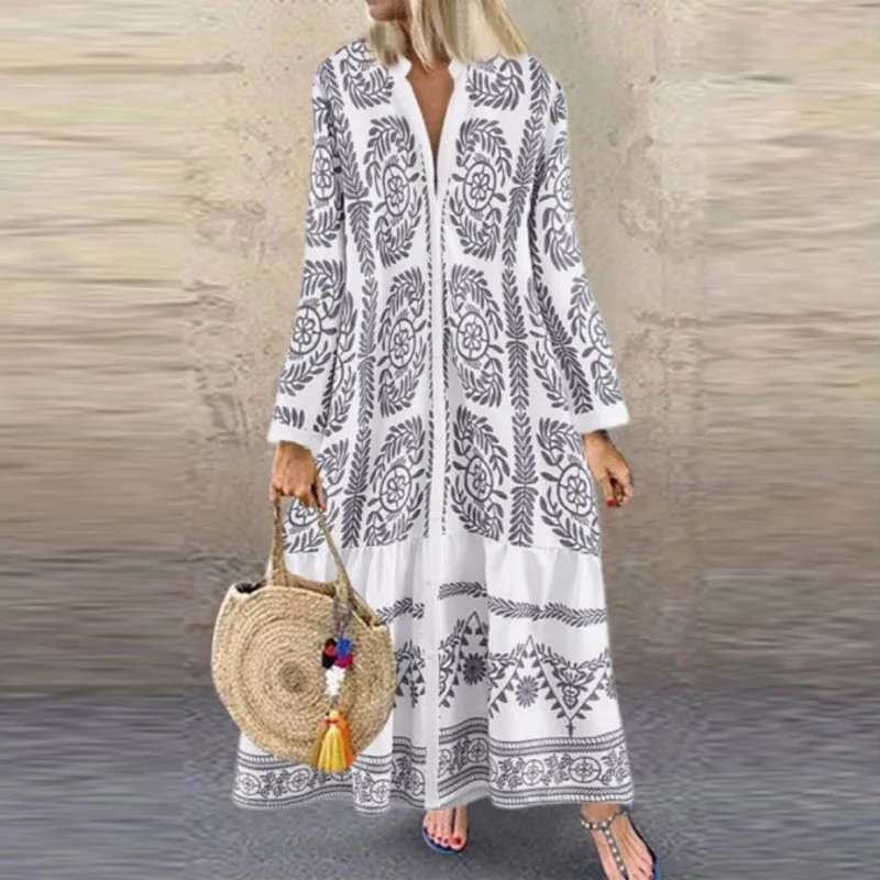 

Spring Casual Stand Collar Pleated Long Dress Women Vintage Geometry Print Boho Maxi Dress Autumn Long Sleeve Loose Female Dress